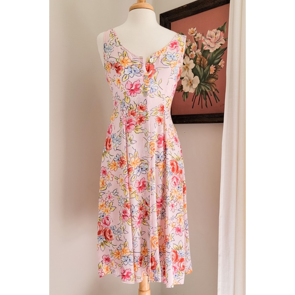 90s Pink Floral Button Front 1990s Vintage Fit & Flare Flowy Midi Length Dress - Picture 5 of 15